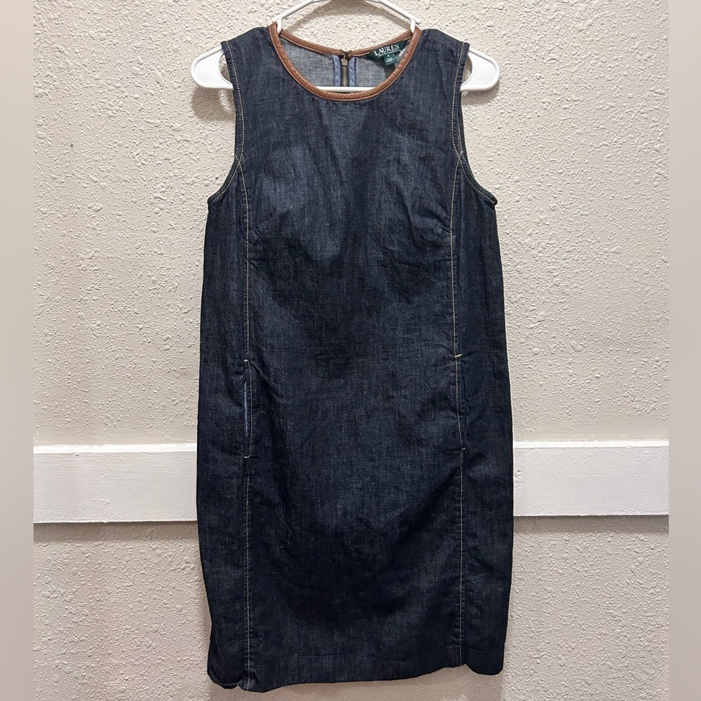 LAUREN Ralph Lauren Dark Blue Denim Dress with Leather Neck Detail Size 6